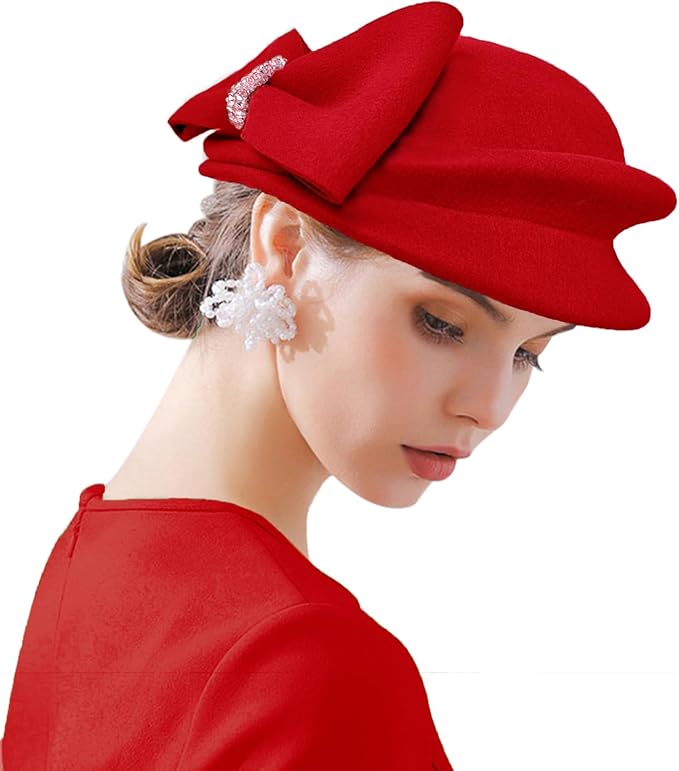 ORIDOOR Women Vintage 100% Wool Felt Flowers Bucket Cloche Bowler Hat Church Wedding Beret Hat