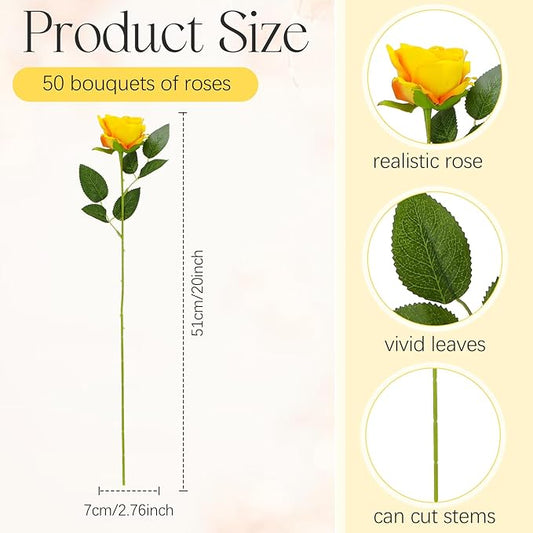 Jexine 50 Pcs Artificial Rose Flower Bulk Realistic Silk Fake Roses with Long Stem Plastic Artificial Flower Bouquet Real Looking for Home Wedding Centerpieces Party Decoration(Yellow)