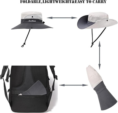 Womens Summer Sun Hat Beach Hat Wide Brim Outdoor UV Protection Hat Foldable Cool Mesh Ponytail Bucket Hat
