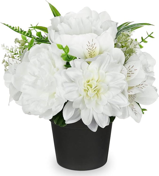 White Artificial Flowers Small Fake Flowers in Vase Peonies Dahlia Tiger Lily Potted Silk Flower Arrangements Faux Plants & Flowers Home Bathroom Kitchen Table Centerpieces Desk Decor