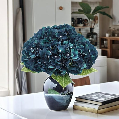 2Bouquets Artificial Fake Flowers Plants Silk Hydrangea Arrangements Wedding Bouquets Decorations Plastic Floral Home Kitchen Garden Party Festival Bar DIY((Dark Peacock Blue)