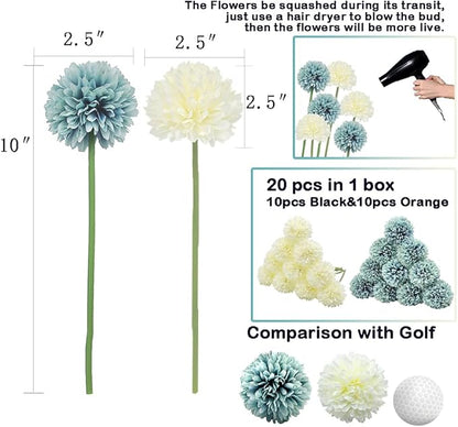 20Pcs Artificial Fake Flower Plants Silk Chrysanthemum Ball Hydrangea Arrangements Wedding Bouquets Decor Home Kitchen Garden Party Table Floral Centerpieces DIY (White&Blue)