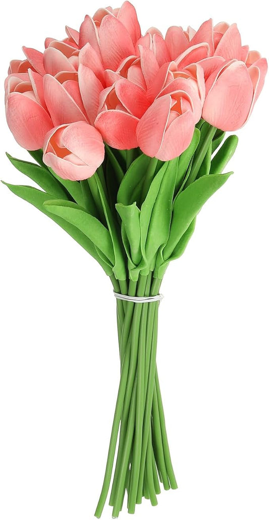 uxcell 20pcs Tulips Artificial Flowers, Faux Flowers Silk Fake Tulip Stems Real Touch for Wedding Bouquet Centerpiece Table Party Decoration(Pink)