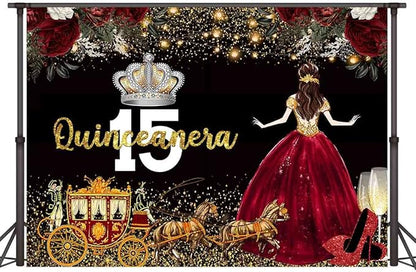 Red Dress Rose Flower Backdrops Quinceanera Birthday Backdrop for Girl Princess Happy 15th Bday Carriage Photography Props Cake Table Banner 5x3ft RBJLSLU32