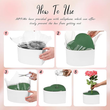 Nuenen Heart Shaped Flower Gift Boxes, Floral Gift Box with Lids Floral Foam Clear Cellophane 9.8 x 9 x 5 Inches for Birthday Wedding Proposal Packaging Arrangements(White)