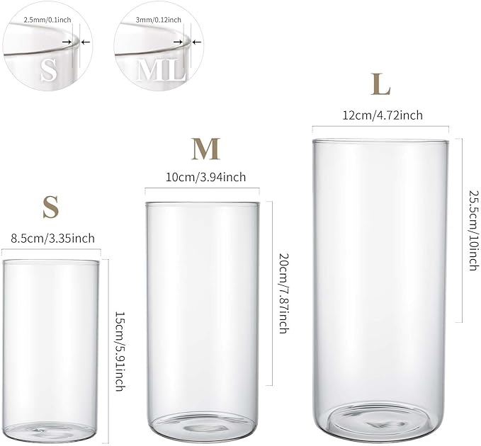 Hurricane Glass Candle Holder Clear Cylinder Vases, Pillar Candle Holders For Floating Candles Table Centerpiece Modern Glass Vases For Weeding Centerpieces Decoration Party Home Decor (3 Sets, S+M+L)