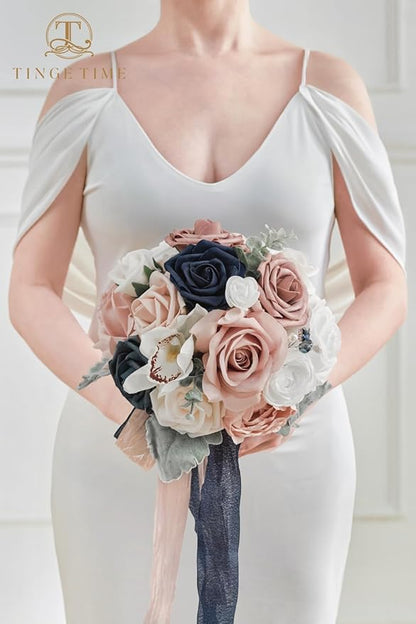 TINGE TIME Artificial Flowers Combo Mix Silk Flowers Pink Roses w/stem for DIY Wedding Bridal Bouquets Baby Shower Floral Arrangement Table Centerpieces Home Decorations (Navy Blue & Dusty Rose)