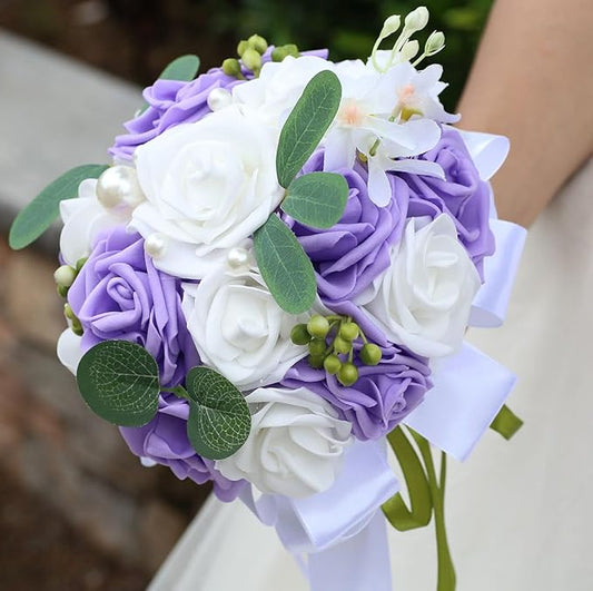 Lightweight Bridal Wedding Bouquet Round Holding Bouquet Throw Toss Artificial Rose Flower Bunch for Bride Bridesmaid Wedding Quinceanera (White & Mid Purple, 7.9")