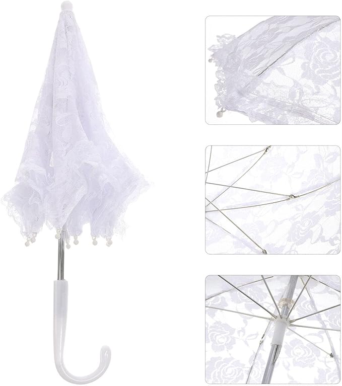 Lace Umbrella Parasol Floral White Umbrella Vintage Wedding Bridal Umbrella Photography Scene Props for Baby Shower Bridal Decorations Assorted Color A