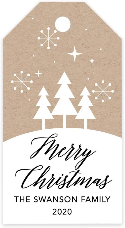 Andaz Press Personalized Christmas Holiday Season Classic Gift Tags, Merry Christmas Custom Family Name and Year, Kraft Brown Minimal Christmas Tree Design, Holiday Events, Parties, Favors, 60-Pack