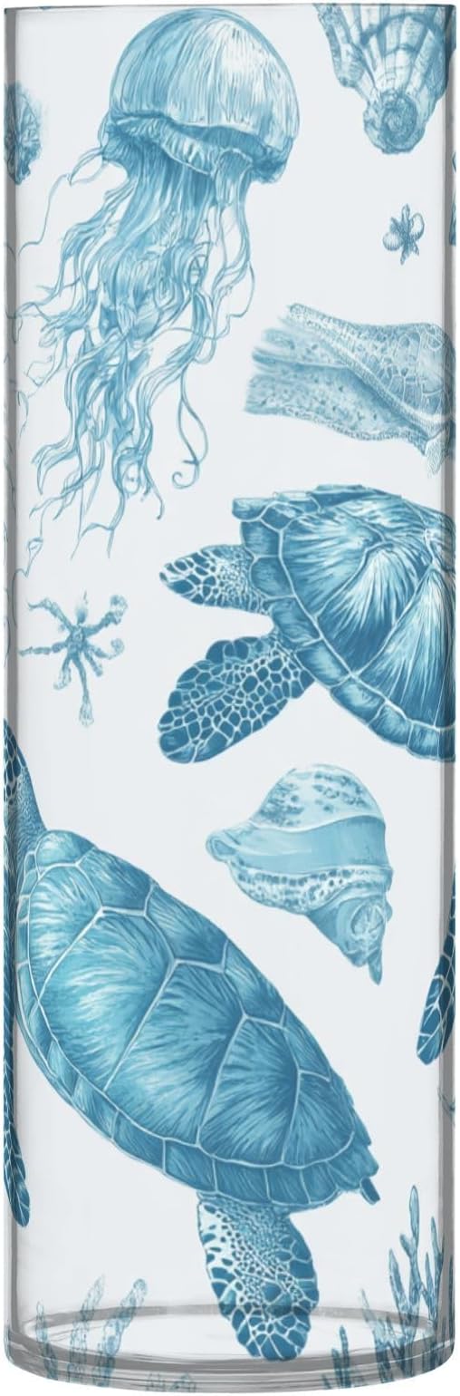 Flower Vase Clear Plastic Cylinder Vases Decor for Centerpieces Home Storage Office Weddings Blue Turtles Shells and Jellyfish 11.8 x 3.9 in