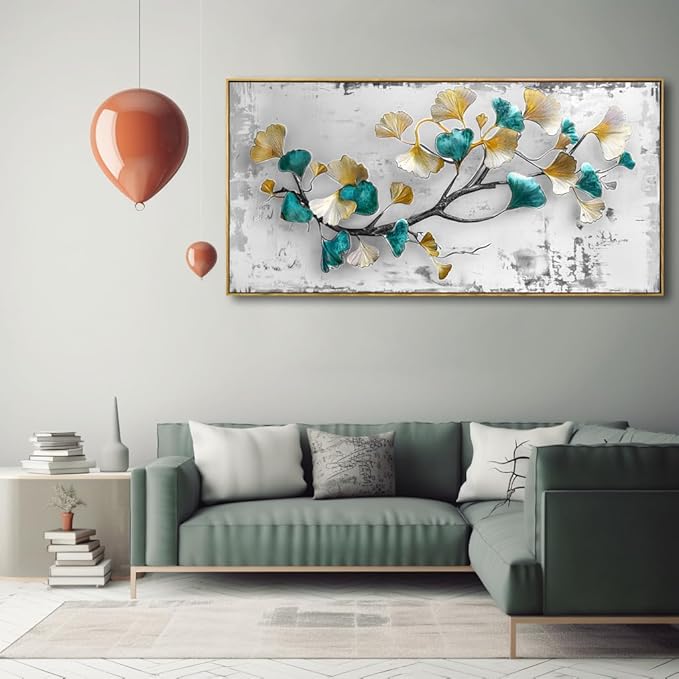 Wall Art Ginkgo Leaf Modern Botanical Artwork Canvas Painting for Living Room Bedroom Dining Room Home Office Decor 30"x60" with Framed