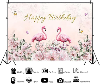 Renaiss 9x6ft Happy Birthday Backdrop Pink Flamingo Theme Birthday Party Photography Background for Girls Daughter Flower Butterfly Cake Table Banner Decor Studio Portrait Pink Photo Props