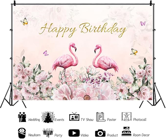 Renaiss 5x3ft Happy Birthday Backdrop Pink Flamingo Theme Birthday Party Photography Background for Girls Daughter Flower Butterfly Cake Table Banner Decor Studio Portrait Pink Photo Props