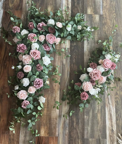 Wedding Arch Flowers with Drapes Kit (Pack of 5) - 2pcs Artificial Dusty Rose Deluxe Swag with 3pcs Hanging Sheer Drapes for Wedding Ceremony Arbor Reception Backdrop Rose Floral Decoration