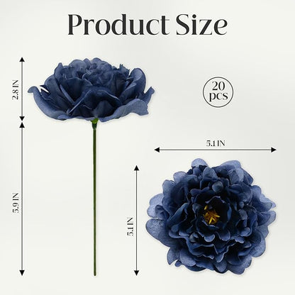 20pcs 5" Artificial Flower Peonies, Silk Peonies with 6" Stems, Flowers Suitable for Wedding Bouquets, Home Party Decoration (Navy Blue)