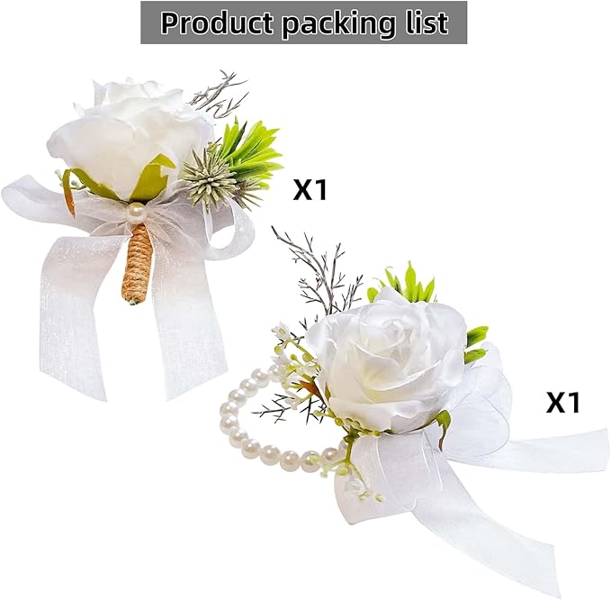 White Boutonniere and Corsage Set - 2Pcs Groom Boutonniere & Wrist Corsage Bracelets for Wedding, Prom and Anniversary,Formal Dinner Party,Ring Bearer & Niece Accessories