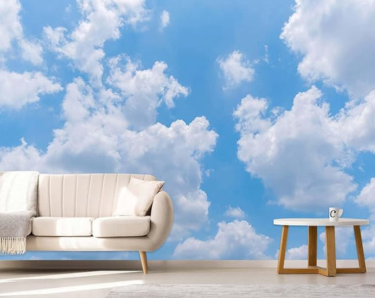 Clouds Wallpaper for Ceiling Blue Sky and White Cloud Wall Mural for Living Room Bedroom Bathroom(Not Self-Adhesive)