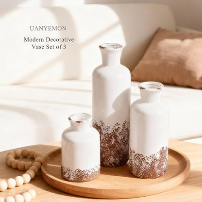 Ceramic Vase Set of 3 - Modern Decorative Vases for Home Decor, Rustic Farmhouse Boho Vases for Living Room, Mantel, Dining Table, Bookshelf, Kitchen or Entryway Decoration