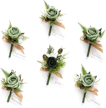 Ling's moment Boutonniere for Men, 6pcs Groom Groomsmen Boutonniere, Artificial Flowers for Wedding Decor/Prom/Homecoming, etc.Green Beige