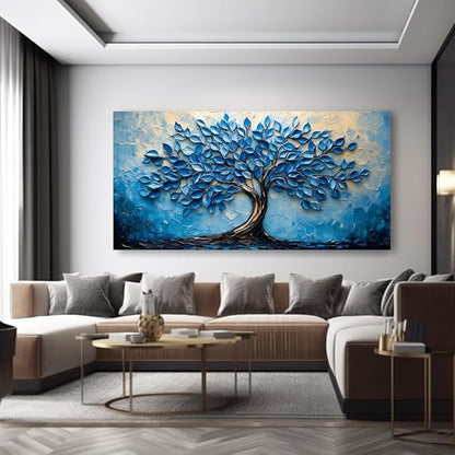LAVIKARS Modern Tree of Life Wall Art for Living Room Office Navy Blue Abstract Oil Landscape Canvas Painting Prints Large Nature Artwork Home Kitchen Bedroom Decor (16x30 Inches)