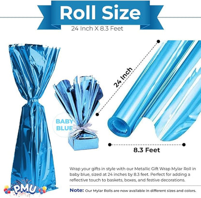 PMU (2 Gift Wrap Mylar Roll Metallic Baby Blue 2-sided, 24 Inches X 8.3 Ft Roll 1.4 Mil Highly Reflective Mylar Film, Great for Gifts, Birthdays, Christmas, Baskets, Arts & Crafts