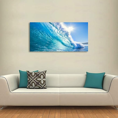 Blue Secape Canvas Prints Wall Art Blue Ocean Wave Surfing Sea Picture Paintings on Canvas Modern Canvas Art for Living Room Bedroom Office Wall Decorations Ready to Hang-24x48inches