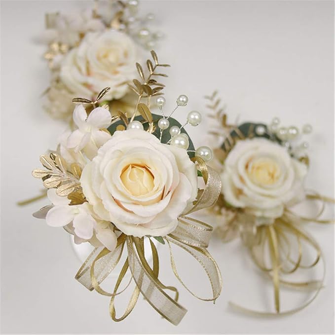 USIX 2pc Pack-Handmade Artificial Flower Rose with Gold Leaves Ribbons Artificial Pearls Wrist Corsage Hand Flower with Elastic Wristband for Girl Bridesmaid Wedding Party Prom (Wrist Corsage)