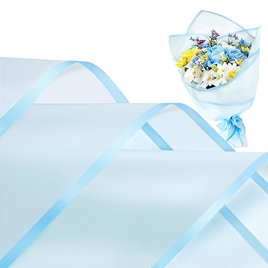 Jutieuo 20 Sheets Light Blue Flower Wrapping Paper, Waterproof Floral Wrap Blue Edge Bouquet Wrapping Paper Florist Supplies (22.8 x 22.8 inch)