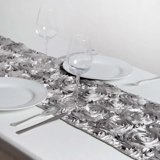 Efavormart Wonderland Rosette Premium Table Runners for Weddings Party Banquets Decor Fit Rectangle and Round Table - Silver