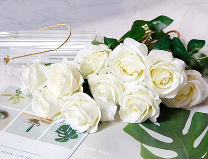 DuHouse 10pcs Fake Roses Artificial Silk Flowers Faux Rose Flower Long Stems Bouquet for Arrangement Wedding Centerpiece Party Home Kitchen Decor(Ivory-White Long Stem)
