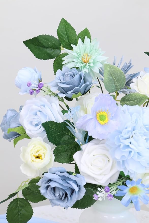Artificial Flower Combination Box Set Artificial Flower Loose Leaves and Stems DIY Wedding Center Bouquet Bride Wedding Baby Shower(Fresh Light Blue)