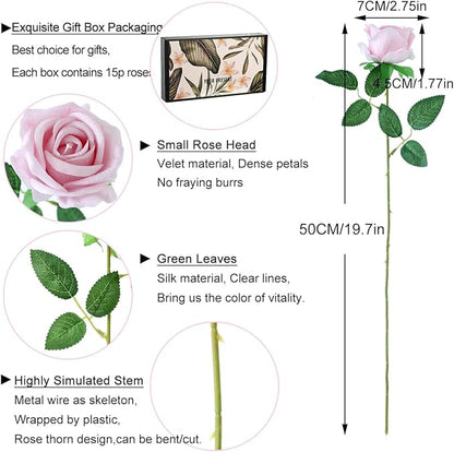 15Pcs Pearl Pink Roses Artificial Flowers Fake Roses Long Stem Velet Rose Silk Flowers for Home Wedding Decoration (Pearl Roses,Pink)