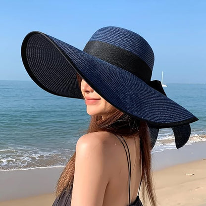 DRESHOW Beach Hats for Women Big Straw Wide Brim Summer Hat Floppy Foldable Roll up Cap Sun Hat UPF 50+