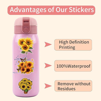 60 Pcs Sunflower Stickers, Transparent Waterproof Vinyl Decals, Aesthetic Floral Stickers for Journaling, Scrapbooking, Laptop, Water Bottle, Phone Case, Summer & Happy Theme Decoration