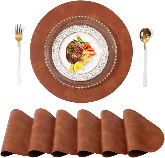 UnivoColors PU Leather Placemats Set of 6,15" Round Washed Cowhide Pattern Table Mats for Dining Table, Kitchen, Party Decoration(Retro Reddish Brown)