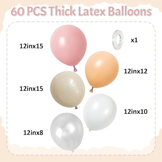 Blush Pink Balloons 60 Pcs 12 Inch Dusty Pink White Sand Latex Balloon Retro Pink Nude Cream Clear Balloons for Bridal Baby Girls Shower Boho Bachelorette Birthday Wedding Party Decorations