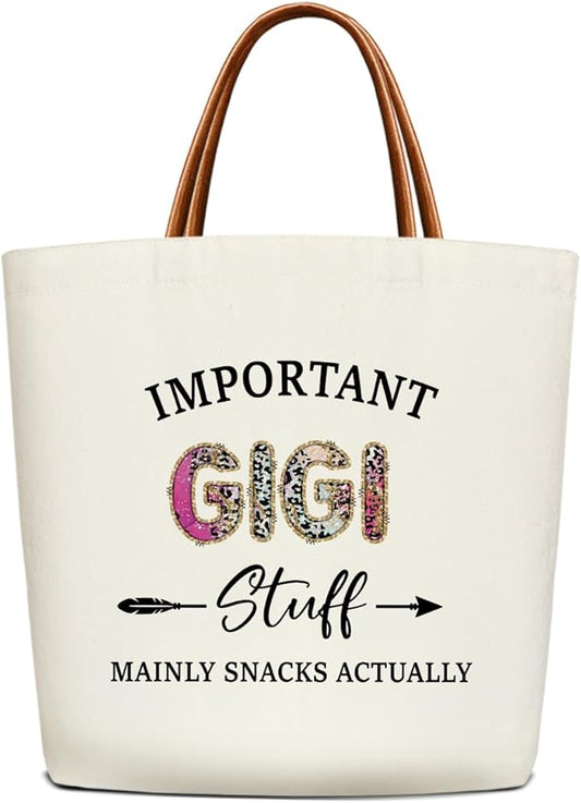 Canvas Tote Bag for Women, Important Stuff Bag with Leather Handle, Reusable Grocery Bags for Shopping Beach Travel