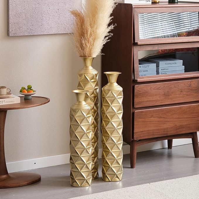 Floor Oversized Gold Metal Decorative Vase with 3D Triangle Pattern Set of 3 Large Vases for Home Living Room 33.5 ", 29.5 ", 25.2" High (Antique Gold)