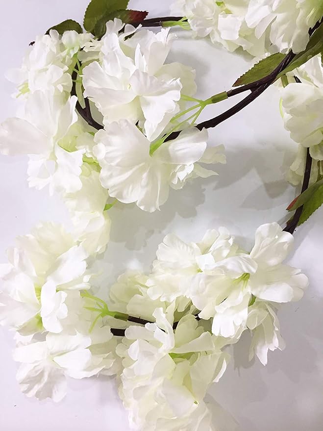 Artificial Cherry Blossom Vine Hanging Plants Faux Sakura Garland Fake Oriental Cherry Wreath Artificial Flower 5.8 FT White
