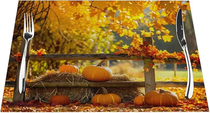 PVC Placemats Set of 6 Wipeable Table Mats Washable Heat Resistant Non Slip Vinyl Dining Table Mat for Kitchen Indoor Outdoor Patio Farmhouse Place Mats Autumn Pumpkin Maple Decorative