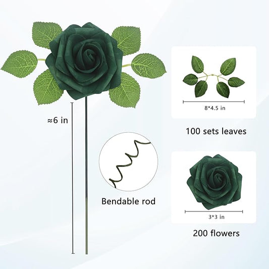 JOYLEX Artificial Flowers Realistic Roses, Real Looking Fake Roses with Stem for DIY Wedding Bouquets Centerpieces Bridal Shower Party Home Romantic Decorations (Peacock Green, Regular 3" - 200pcs)