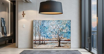 Yihui Arts Blue Tree Canvas Wall Art - Hand Painted Textured Abstract Forest Landscape Modern Artwork with Gold Foil Framed for Living Room, Bedroom, and Bathroom Decor