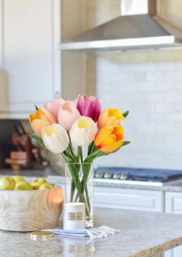 Briful Fake Flowers Artificial Tulip Flower in Clear Vase, Multi Color Real Touch Foam Tulip Arrangement Suitable for Home Office Decoration, Dining Table Centerpiece