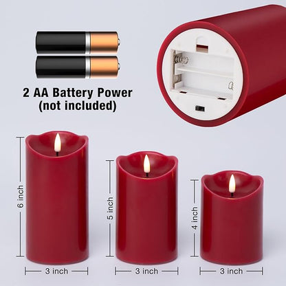 Eywamage Red Flameless LED Pillar Candles with Remote, Real Wax Flickering Christmas Candles Battery Operated Set of 3