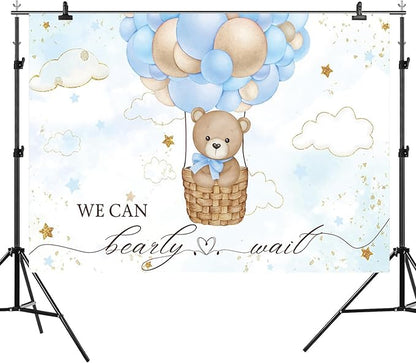 10x6.5ft Baby Shower Backdrop Bear Hot Air Balloon Photography Background Blue Brown Balloons White Cloud Glitter Gold Stars Birthday Party Banner Decorations Newborn Parties Photo Booth Prop