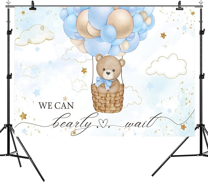15x10ft Baby Shower Backdrop Bear Hot Air Balloon Photography Background Blue Brown Balloons White Cloud Glitter Gold Stars Birthday Party Banner Decorations Newborn Parties Photo Booth Prop