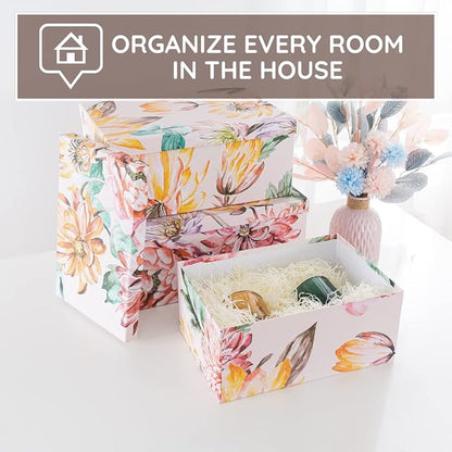 Soul & Lane Decorative Cardboard Storage Boxes with Lids for Home Decor and Organization, Set of 3 Large Keepsake Boxes for Memories & Gifts, Nesting Floral Photo Storage Containers, Beauty in Bloom