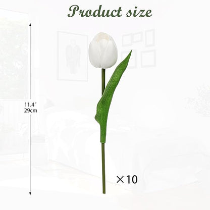 DILATATA 10 Pcs White Tulips Artificial Flowers Large Tulips Head Real Touch Fake Tulip Fake Flowers for Mother's Day 11.4" Faux Tulip for Vase Centerpieces Home Wedding Bouquet