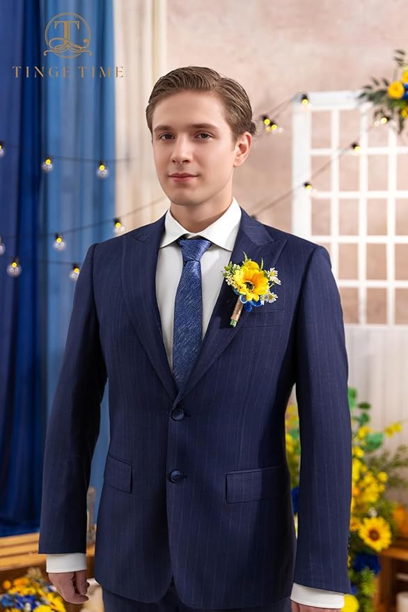 TINGE TIME Boutonniere for Men Wedding,Groom and Best Man Boutonniere for Wedding Ceremony Anniversary, Formal Dinner Party and Rustic Summer Weddings Marriage (Sunflower&RoyalBlue)